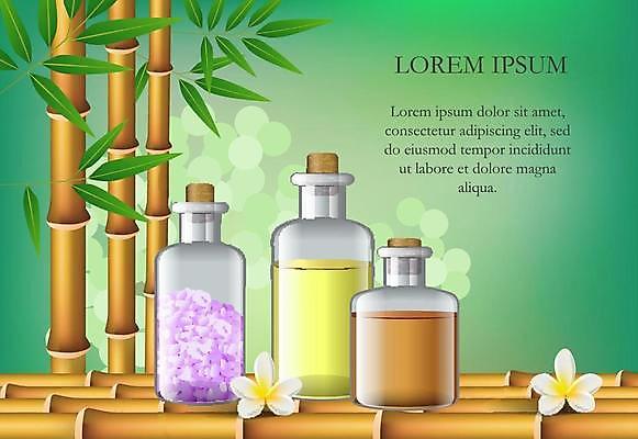 EPS 해외이미지 꽃 일러스트 유리병 사람없음 초록색 뷰티 스파 대나무 보케 아로마 스파용품 아로마오일 해외일러스트 나무 식물 컬러 병_용기 오일_화장품 오브젝트 파일형식 벡터 이미지허브