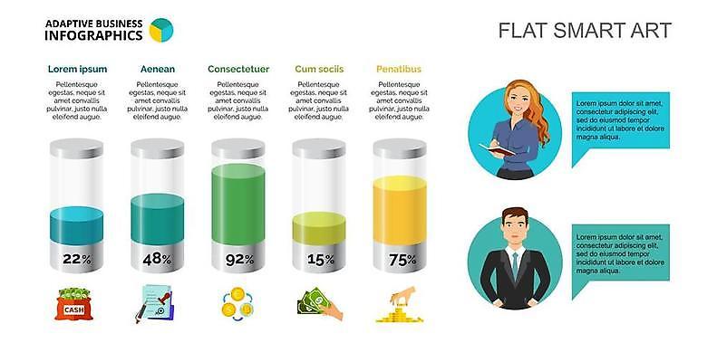 EPS 해외이미지 여자 남자 말풍선 지폐 일러스트 비즈니스 수치 그래프 들기 상반신 성인 두명 동전 자료 인포그래픽 비즈니스맨 비즈니스우먼 돈자루 플랫 문서 성인만 해외일러스트 돈 모션 사람 직장인 파일형식 벡터 이미지허브