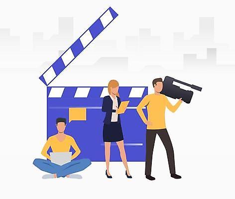 EPS 해외이미지 전신 여자 남자 허리손 말풍선 일러스트 서기 들기 앉기 성인 세명 노트북 카메라 기자 클래퍼보드 카메라맨 방송인 카메라감독 성인만 해외일러스트 직업 포즈 모션 사람 전자제품 감독 사진사 파일형식 벡터 이미지허브