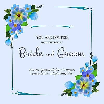 EPS 해외이미지 템플릿 꽃 결혼 잎 일러스트 결혼식 사각프레임 타이포그라피 사람없음 파란색 청첩장 해외일러스트 식물 문자 컬러 카드_감사 프레임 이벤트 사각형 파일형식 벡터 이미지허브