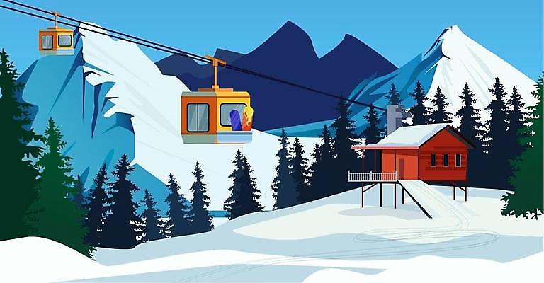 EPS 해외이미지 나무 겨울 일러스트 산 사람없음 건물 설원 눈 케이블카 겨울풍경 해외일러스트 자연요소 식물 건축물 계절 날씨 눈_날씨 풍경 파일형식 벡터 이미지허브