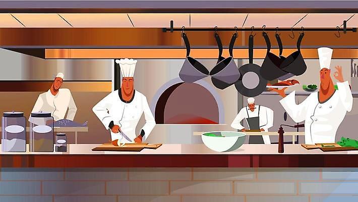 EPS 해외이미지 접시 남자 일러스트 주방용품 요리사모자 요리 들기 여러명 상반신 성인 주방 식당 요리사 프라이팬 나이프 냄비 OK 화덕 성인남자만 해외일러스트 직업 모자_잡화 식기 생활용품 다수 모션 사람 손짓 상점 칼 솥 화로 남자만 성인만 파일형식 벡터 이미지허브