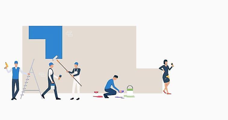 EPS 해외이미지 여자 남자 벽 일러스트 사다리 서기 들기 앉기 여러명 성인 페인트 공구 붓 페인트칠 페인트롤러 페인트공 성인만 해외일러스트 직업 다수 모션 페인팅 사람 도구 파일형식 벡터 이미지허브