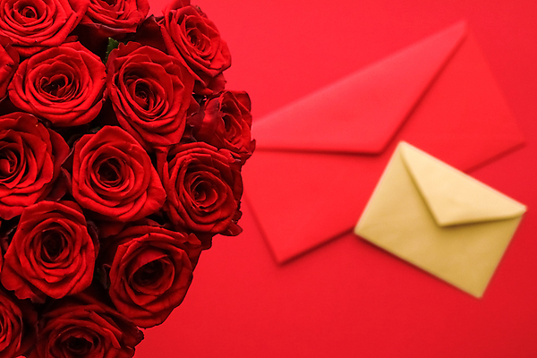 포토 JPG 해외이미지 꽃다발 백그라운드 편지봉투 발렌타인데이 사람없음 빨간색 장미 러브레터 해외포토 꽃 컬러 데이이벤트 봉투 편지 파일형식 이미지허브