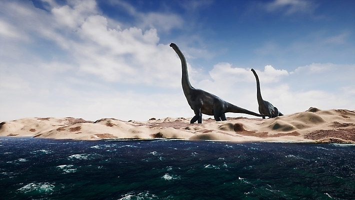 JPG 해외이미지 주간 야생동물 바다 두마리 하늘 해변 사람없음 야외 모래사장 3D 공룡 고생물 초식공룡 쥬라기 해외포토 포토 자연요소 동물 2 파충류 생물 디지털합성 파일형식 이미지허브