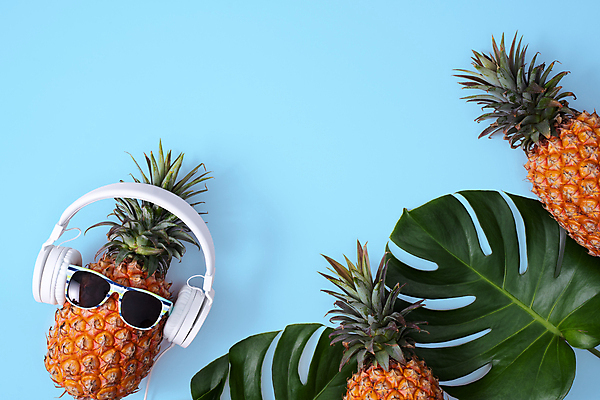 포토 JPG 해외이미지 실내 사람없음 하이앵글 선글라스 헤드폰 파인애플 열대과일 파란배경 몬스테라 열대잎 카피스페이스 제철과일 해외포토 식물 안경 뷰포인트 음향기기 백그라운드 잎 과일 내부 파란색 공백 제철 파일형식 이미지허브
