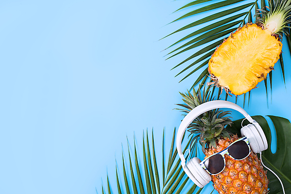 포토 JPG 해외이미지 단면 실내 사람없음 하이앵글 선글라스 헤드폰 파인애플 열대과일 파란배경 몬스테라 열대잎 카피스페이스 제철과일 해외포토 식물 안경 뷰포인트 음향기기 백그라운드 잎 과일 내부 파란색 공백 제철 파일형식 이미지허브