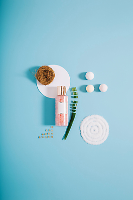 포토 JPG 해외이미지 조각 하늘색 사람없음 하이앵글 원형 오브젝트 스파용품 바디케어 알로에 입욕제 향수병 해외포토 도형 식물 뷰포인트 파란색 스파 향수 병_담는 파일형식 이미지허브