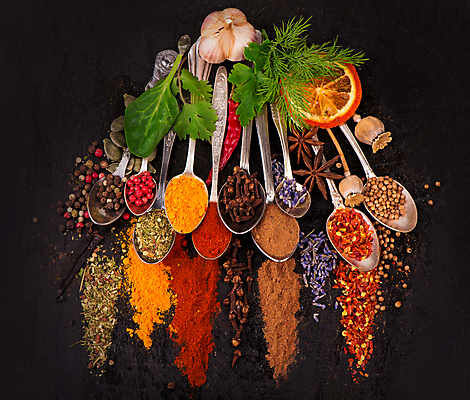 포토 JPG 해외이미지 백그라운드 오렌지 건조 마늘 사람없음 숟가락 검은색 가루 허브 통후추 팔각회향 해외포토 식물 컬러 채소 과일 수저 향신료 후추 파일형식 이미지허브