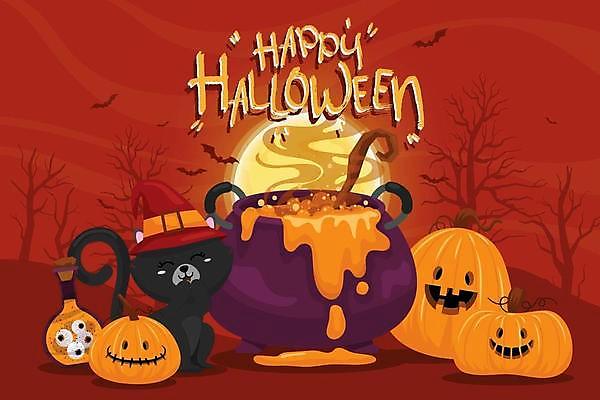 EPS 해외이미지 일러스트 호박 사람없음 빨간색 파티 고양이 할로윈 달 축하 솥 박쥐 잭오랜턴 해외일러스트 자연요소 컬러 컨셉 채소 포유류 주방용품 이벤트 반려동물 파일형식 벡터 이미지허브
