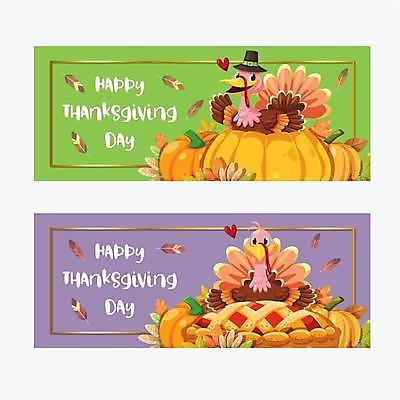 EPS 해외이미지 캐릭터 배너 영어 단풍 낙엽 두마리 일러스트 호박 타이포그라피 사람없음 초록색 세트 보라색 깃털 추수감사절 칠면조 해외일러스트 일러캐릭터 문자 기독교 컬러 잎 2 채소 조류 파일형식 벡터 이미지허브