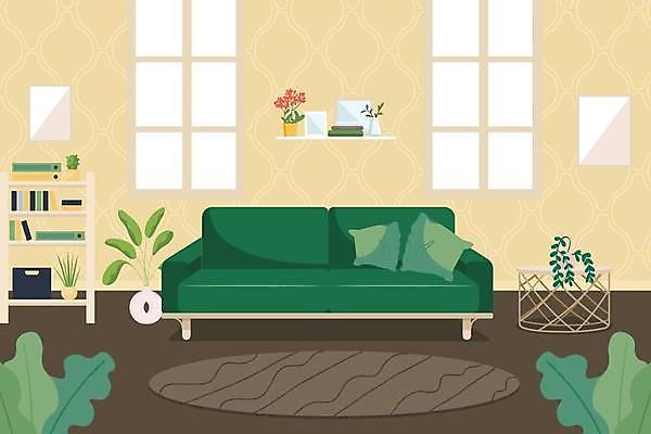 EPS 해외이미지 화분 줄기 쿠션 잎 일러스트 창문 선반 사람없음 초록색 소파 갈색 노란색 서랍장 원예 플랜테리어 반려식물 해외일러스트 식물 컬러 가구 의자 취미 인테리어 파일형식 벡터 이미지허브