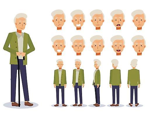 EPS 해외이미지 전신 캐릭터 손 할아버지 남자 행복 감정 얼굴 일러스트 서기 사람 성인 그래픽 세트 머리 표현 그룹 플랫 만화 은퇴 수집 애니메이션 고립 옛날 조부모 아바타 스타일 해외일러스트 일러캐릭터 노년 가족 모션 신체부위 파일형식 벡터 이미지허브