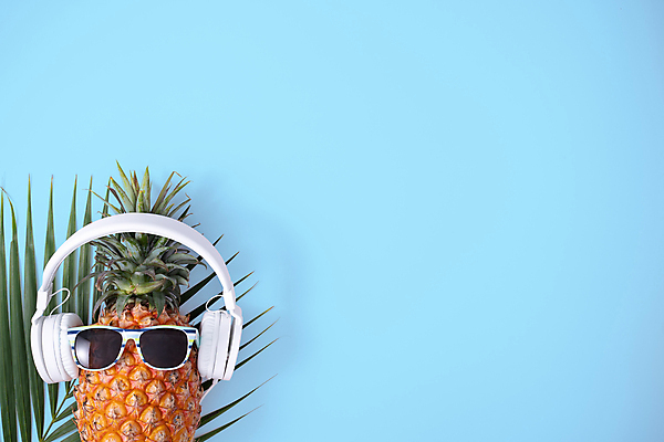 포토 JPG 해외이미지 실내 사람없음 하이앵글 선글라스 헤드폰 파인애플 열대과일 파란배경 열대잎 카피스페이스 제철과일 해외포토 안경 뷰포인트 음향기기 백그라운드 잎 과일 내부 파란색 공백 제철 파일형식 이미지허브