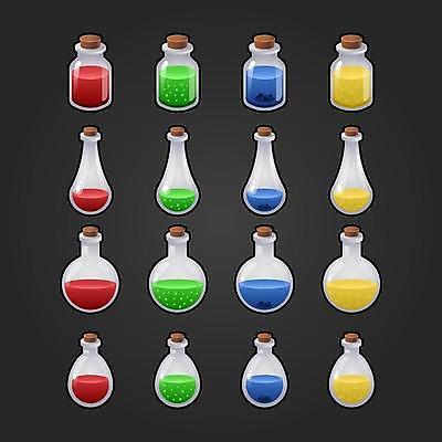 EPS 해외이미지 일러스트 유리병 사람없음 빨간색 초록색 파란색 세트 노란색 게임 물약 아이템 엘리먼트 해외일러스트 컬러 놀이 병_용기 약 파일형식 벡터 이미지허브