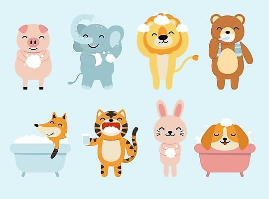 EPS 해외이미지 동물캐릭터 일러스트 곰 코끼리 욕조 사람없음 고양이 목욕 양치 토끼 돼지 호랑이 개 강아지 씻기 사자 여우 해외일러스트 일러캐릭터 동물 캐릭터 포유류 반려동물 청결 파일형식 벡터 이미지허브