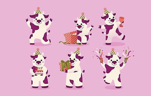 EPS 해외이미지 디자인 행복 분홍색 여러마리 일러스트 폭죽 들기 사람없음 선물상자 케이크 축하 소 젖소 소캐릭터 해외일러스트 감정 컬러 동물캐릭터 다수 컨셉 포유류 모션 디저트 선물 상자 파일형식 벡터 이미지허브
