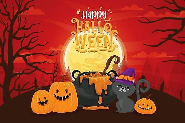 EPS 해외이미지 나무 일러스트 호박 사람없음 빨간색 파티 고양이 할로윈 보름달 달 축하 솥 잭오랜턴 해외일러스트 자연요소 식물 컬러 컨셉 채소 포유류 주방용품 이벤트 반려동물 파일형식 벡터 이미지허브