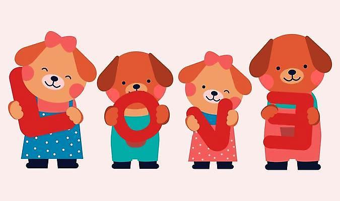 EPS 해외이미지 영어 여러마리 일러스트 사랑 들기 타이포그라피 사람없음 개 강아지 개캐릭터 해외일러스트 문자 감정 동물캐릭터 다수 포유류 모션 반려동물 파일형식 벡터 이미지허브