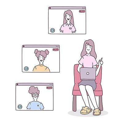 EPS 해외이미지 전신 여자 남자 의자 일러스트 웃음 앉기 여러명 상반신 성인 노트북 손들기 가리킴 인터넷창 소셜네트워크 화상통화 성인만 해외일러스트 가구 다수 인터넷 모션 표정 사람 손짓 전자제품 통화 파일형식 벡터 이미지허브