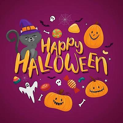 EPS 해외이미지 일러스트 호박 사탕 사람없음 파티 보라색 고양이 할로윈 축하 유령 잭오랜턴 해외일러스트 컬러 컨셉 채소 포유류 디저트 이벤트 반려동물 파일형식 벡터 이미지허브