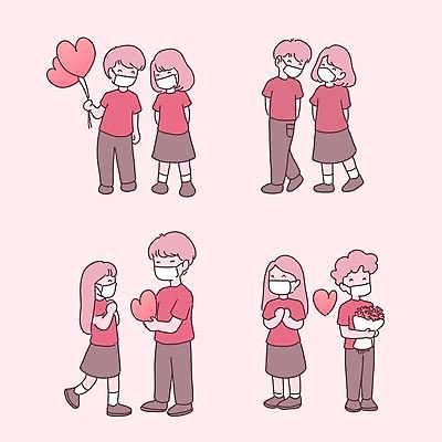 EPS 해외이미지 전신 커플 여자 남자 분홍색 꽃다발 일러스트 사랑 마스크 들기 여러명 성인 마주보기 하트 주기 하트풍선 성인만 해외일러스트 모양 꽃 감정 컬러 다수 관계 모션 사람 풍선 파일형식 벡터 이미지허브