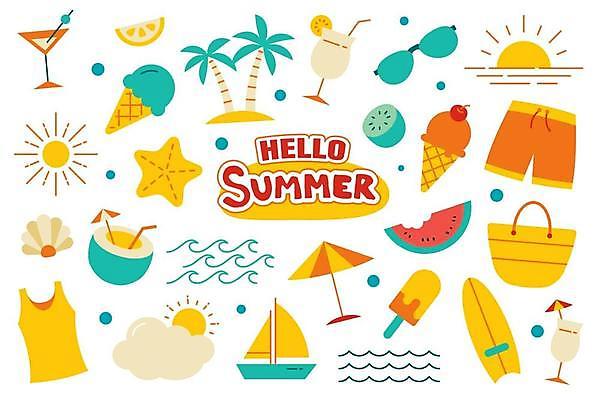 EPS 해외이미지 영어 수영복 바다 스티커 가방 일러스트 조개 아이스크림 불가사리 수박 사람없음 세트 선글라스 야자수 태양 노란색 파라솔 칵테일 서핑보드 코코넛주스 해외일러스트 자연요소 나무 문자 잡화 옷 안경 컬러 과일 어패류 디저트 극피동물 주류 주스 보드_스포츠 코코넛 파일형식 벡터 이미지허브