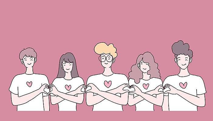 EPS 해외이미지 전신 여자 남자 분홍색 일러스트 사랑 여러명 상반신 성인 하트 연결 손하트 성인만 안경낌 해외일러스트 모양 감정 안경 컬러 다수 사람 손짓 파일형식 벡터 이미지허브