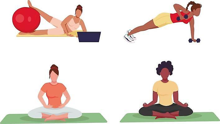 EPS 해외이미지 전신 여자 일러스트 여러명 성인 노트북 운동복 스트레칭 아령 매트 짐볼 다리벌리기 명상 얼굴없음 성인여자만 플랭크 해외일러스트 옷 다수 모션 사람 전자제품 운동 여자만 성인만 파일형식 벡터 이미지허브