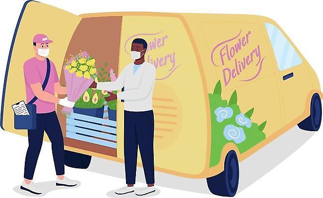 EPS 해외이미지 전신 식물 남자 꽃 꽃다발 잎 일러스트 마스크 서기 들기 성인 두명 트럭 운반 꽃집 꽃배달 꽃배달부 꽃배달서비스 성인남자만 해외일러스트 모션 자동차 사람 상점 배송 서비스 남자만 성인만 파일형식 벡터 이미지허브