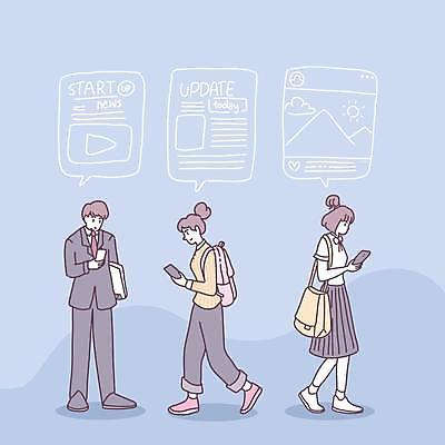 EPS 해외이미지 전신 응시 여자 남자 하늘색 말풍선 일러스트 산 서기 들기 성인 세명 스마트폰 태양 걷기 뉴스 동영상창 소셜네트워크 성인만 해외일러스트 자연요소 시선 모션 사람 파란색 핸드폰 스마트기기 동영상 파일형식 벡터 이미지허브