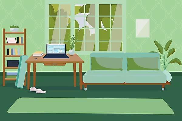 EPS 해외이미지 일러스트 사람없음 초록색 노트북 소파 고요 방 매트 책상 해외일러스트 컬러 가구 의자 전자제품 파일형식 벡터 이미지허브