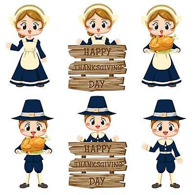 EPS 해외이미지 전신 여자 남자 어린이 일러스트 들기 소년 여러명 상반신 세트 손들기 표지판 추수감사절 칠면조구이 어린이만 해외일러스트 기독교 다수 모션 알림판 사람 구이 파일형식 벡터 이미지허브