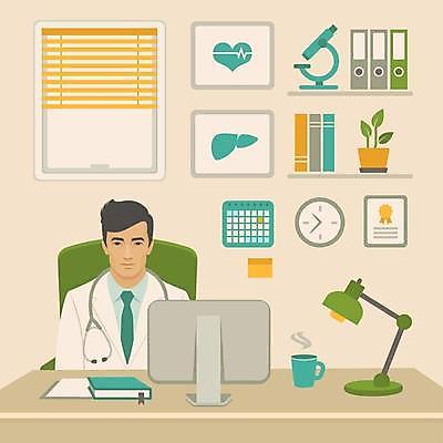 EPS 해외이미지 직업 캐릭터 디자인 남자 백그라운드 일러스트 탁자 건강 병원 사람 치료 컴퓨터 사무실 약 방 의사 업무 도움 플랫 만화 캐비닛 책상 돌봄 해외일러스트 일러캐릭터 가구 컨셉 비즈니스 의학 모션 전자제품 의료진 작업 사물함 파일형식 벡터 이미지허브