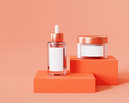 JPG 해외이미지 실내 사람없음 3D 화장품 피부관리 스킨케어 단상 앰플 목업 브랜딩 코랄배경 해외포토 포토 백그라운드 내부 뷰티 디지털합성 파일형식 코랄 이미지허브