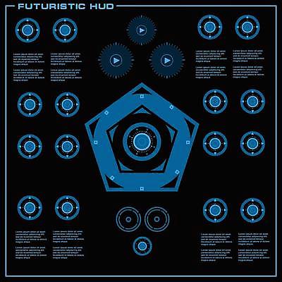 EPS 해외이미지 디자인 백그라운드 컨셉 일러스트 추상 미래 사람없음 그래픽 파란색 디지털 스크린 정보 원형 사이버 레이아웃 시스템 계기판 오각형 인터페이스 가상 인터랙티브 해외일러스트 도형 컬러 무늬 파일형식 벡터 이미지허브