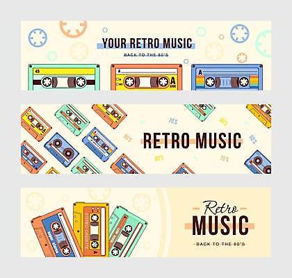 EPS 해외이미지 디자인 가로배너 음악 백그라운드 일러스트 사람없음 그래픽 노란색 카세트테이프 복고 아날로그 배너세트 해외일러스트 배너 컬러 문화예술 가로 세트 파일형식 벡터 이미지허브