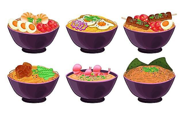 EPS 해외이미지 그릇 음식 일러스트 새우 돼지고기 요리 사람없음 계란 라멘 토핑 해외일러스트 식기 육류 갑각류 알 면류 일본음식 파일형식 벡터 이미지허브