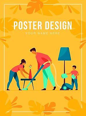EPS 해외이미지 전신 디자인 여자 남자 포스터 아들 어린이 일러스트 가족 탁자 엄마 서기 들기 소년 성인 타이포그라피 세명 노란색 꽃병 스탠드 아빠 청소 청소기 열대잎 얼굴없음 해외일러스트 문자 꽃 컬러 가구 잎 관계 모션 조명 사람 전자제품 청소도구 파일형식 벡터 이미지허브