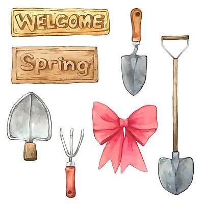 EPS 해외이미지 리본 일러스트 간판 사람없음 세트 봄 모종삽 삽 나무판자 갈고리 엘리먼트 원예용품 해외일러스트 계절 생활용품 목재 파일형식 벡터 이미지허브