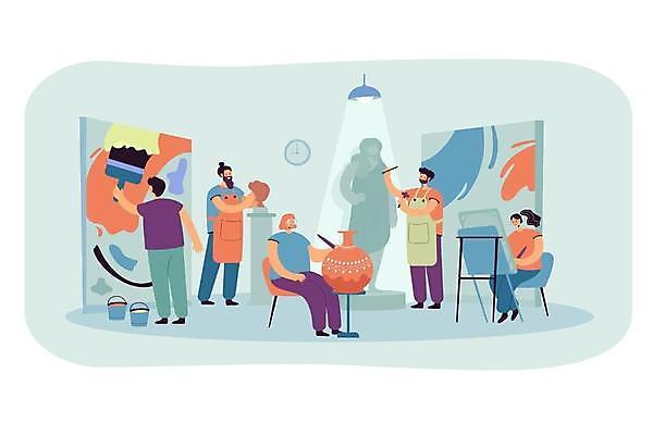 EPS 해외이미지 전신 여자 남자 의자 일러스트 서기 들기 앉기 여러명 성인 붓 도자기 그리기 이젤 예술가 석상 조각가 조각_조소 성인만 해외일러스트 가구 다수 모션 사람 미술도구 조소 파일형식 벡터 이미지허브