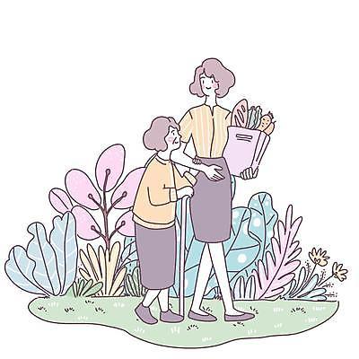 EPS 해외이미지 전신 응시 여자 노년 할머니 잎 일러스트 지팡이 모녀 사랑 들기 성인 두명 종이봉투 걷기 팔짱 여자만 해외일러스트 식물 시선 딸 감정 가족 모션 엄마 봉투 사람 파일형식 벡터 이미지허브