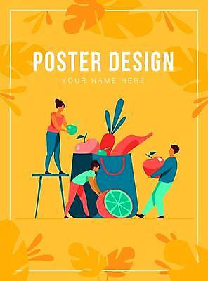 EPS 해외이미지 전신 디자인 여자 남자 포스터 채소 일러스트 탁자 서기 들기 성인 타이포그라피 세명 쇼핑백 노란색 당근 사과 레몬 담기 열대잎 얼굴없음 성인만 해외일러스트 문자 컬러 가구 잎 가방 과일 모션 뿌리채소 사람 파일형식 벡터 이미지허브