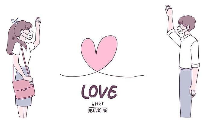 EPS 해외이미지 커플 여자 남자 일러스트 사랑 마스크 들기 상반신 성인 두명 손들기 핸드백 하트 손인사 성인만 코로나바이러스 사회적거리두기 델타변이바이러스 오미크론 해외일러스트 모양 감정 캠페인 가방 관계 모션 사람 인사 바이러스 파일형식 벡터 이미지허브