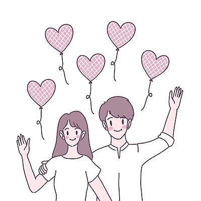 EPS 해외이미지 무료이미지 커플 여자 남자 행복 백그라운드 일러스트 사랑 성인 두명 손들기 하트 플랫 하트풍선 성인만 어깨에손 해외일러스트 모양 감정 관계 모션 사람 풍선 파일형식 벡터 이미지허브