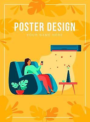 EPS 해외이미지 전신 디자인 여자 포스터 화분 의자 일러스트 탁자 한명 앉기 성인 타이포그라피 노란색 시원함 에어컨 열대잎 얼굴없음 성인여자한명만 해외일러스트 문자 1 컬러 가구 잎 모션 사람 가전제품 여자한명만 성인여자만 파일형식 벡터 이미지허브