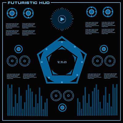 EPS 해외이미지 디자인 백그라운드 컨셉 일러스트 추상 미래 사람없음 그래픽 파란색 디지털 스크린 정보 원형 사이버 레이아웃 재생 시스템 계기판 오각형 인터페이스 가상 인터랙티브 해외일러스트 도형 컬러 무늬 파일형식 벡터 이미지허브