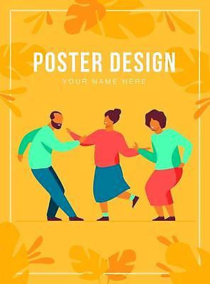 EPS 해외이미지 전신 디자인 여자 남자 포스터 일러스트 성인 타이포그라피 세명 노란색 춤 즐거움 열대잎 얼굴없음 성인만 해외일러스트 문자 감정 컬러 잎 문화예술 사람 파일형식 벡터 이미지허브