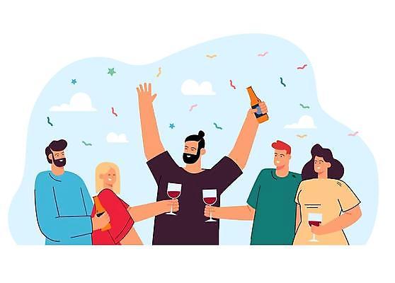 EPS 해외이미지 여자 남자 와인잔 일러스트 들기 여러명 상반신 성인 파티 만세 축하 와인병 건배 꽃가루 풍선 성인만 해외일러스트 다수 컨셉 술잔 모션 병_용기 사람 이벤트 와인 가루 파일형식 벡터 이미지허브