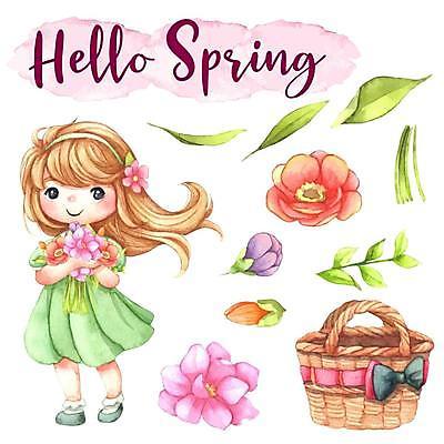 EPS 해외이미지 전신 여자 어린이 꽃다발 잎 일러스트 한명 들기 바구니 봄 벚꽃 레터링 소녀한명만 해외일러스트 식물 1 계절 꽃 모션 사람 여자한명만 소녀만 파일형식 벡터 이미지허브